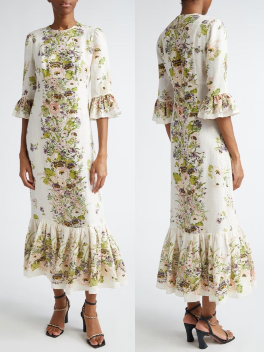 Zimmermann Halliday Floral Frill Sleeve Linen Dress Cream Multi Floral US 10 NWT